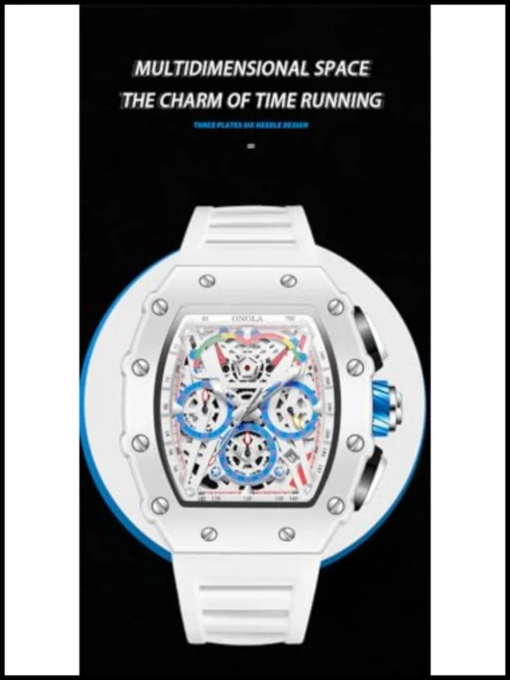 Men's Tonneau Skeleton Chronograph Watch Silicone Strap 30M